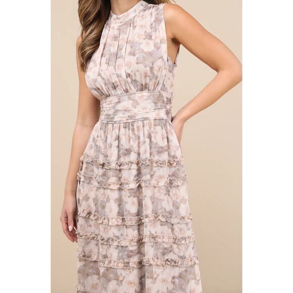 Lulus Happily Sweet Beige Floral Mock Neck Backless Midi Dress Cocktail S NWT - Picture 4 of 14
